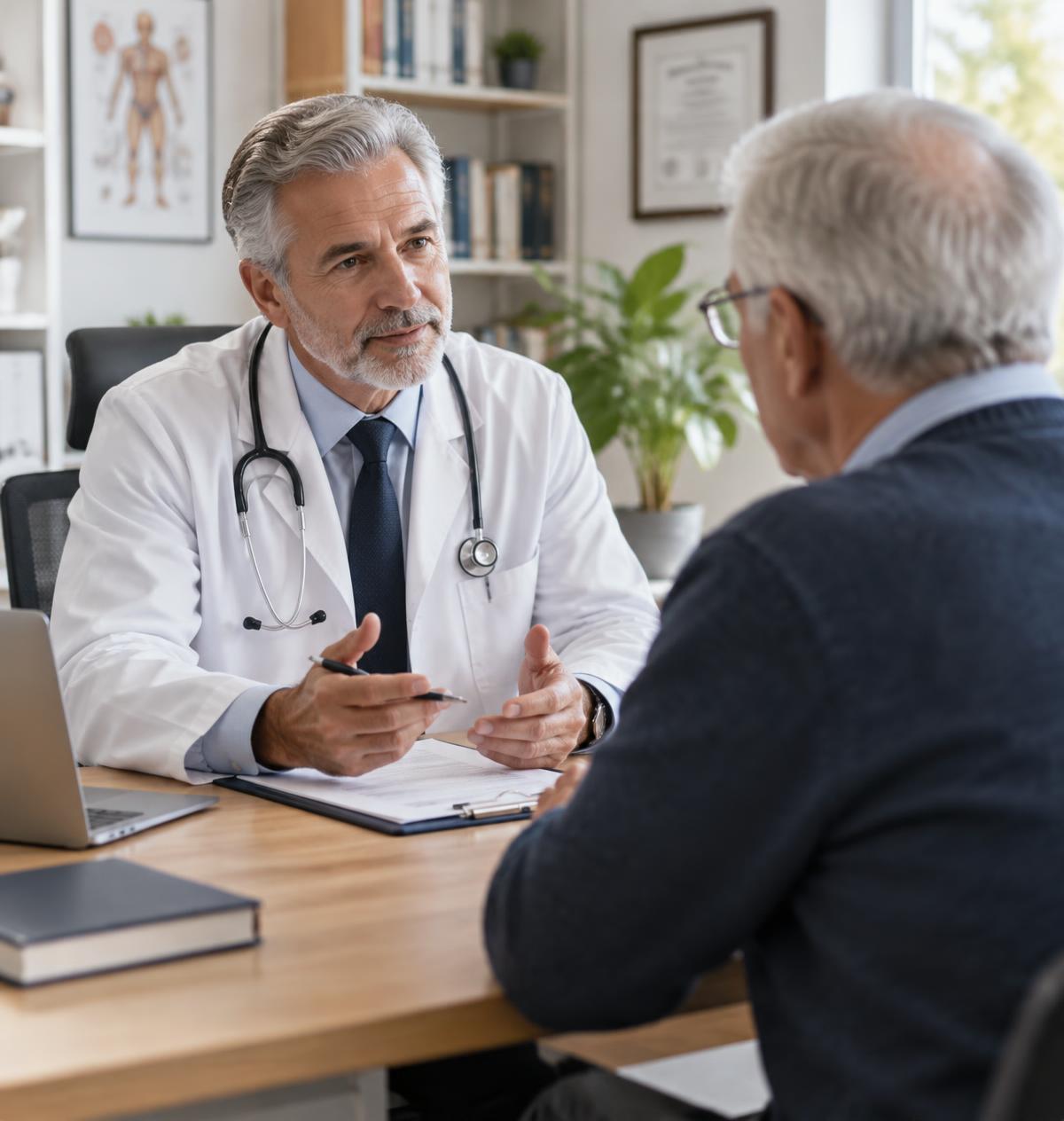 GMC registered doctor in consultation with a senior male patient at Plasma Clinic